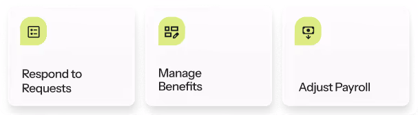 Three white squares with icons and text: Respond to Requests, Manage Benefits, Adjust Payroll.