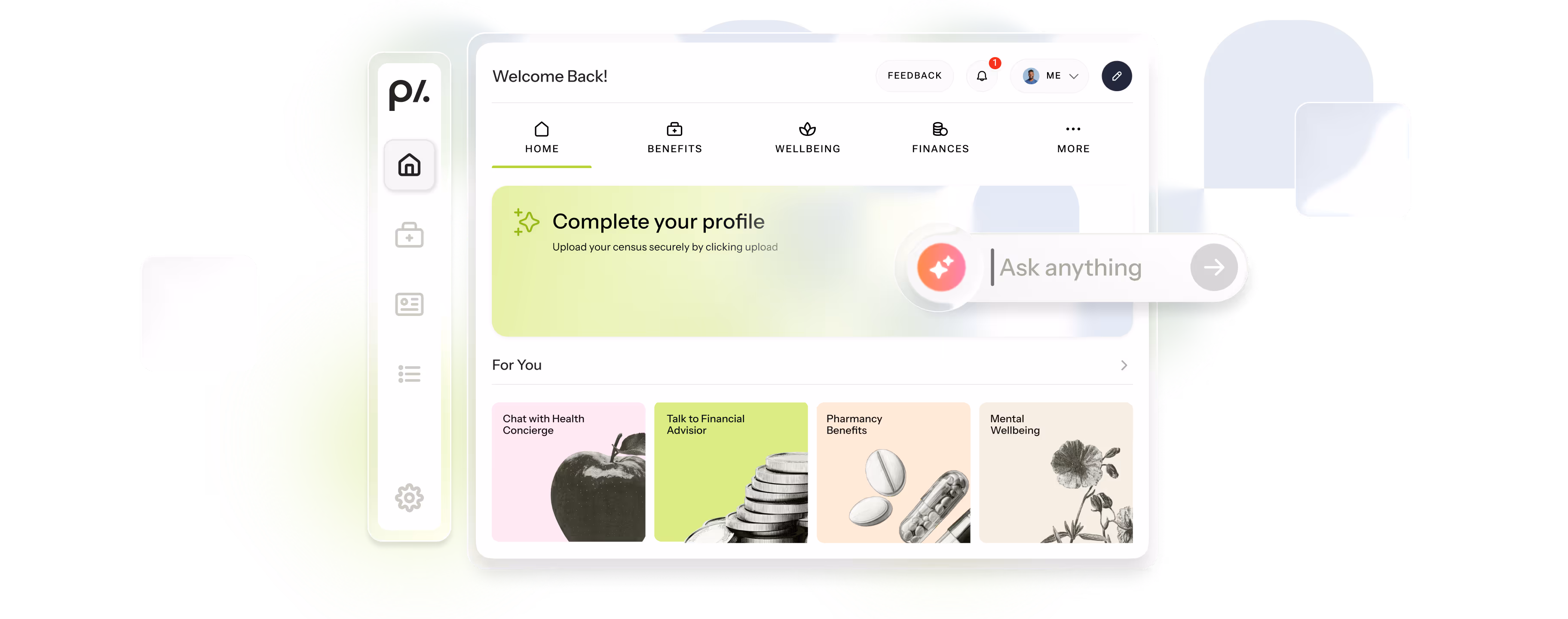 Dashboard interface showing sections for Home, Benefits, Wellbeing, Finances, with cards for Health Concierge, Financial Advisor, Pharmacy Benefits, and Mental Wellbeing.