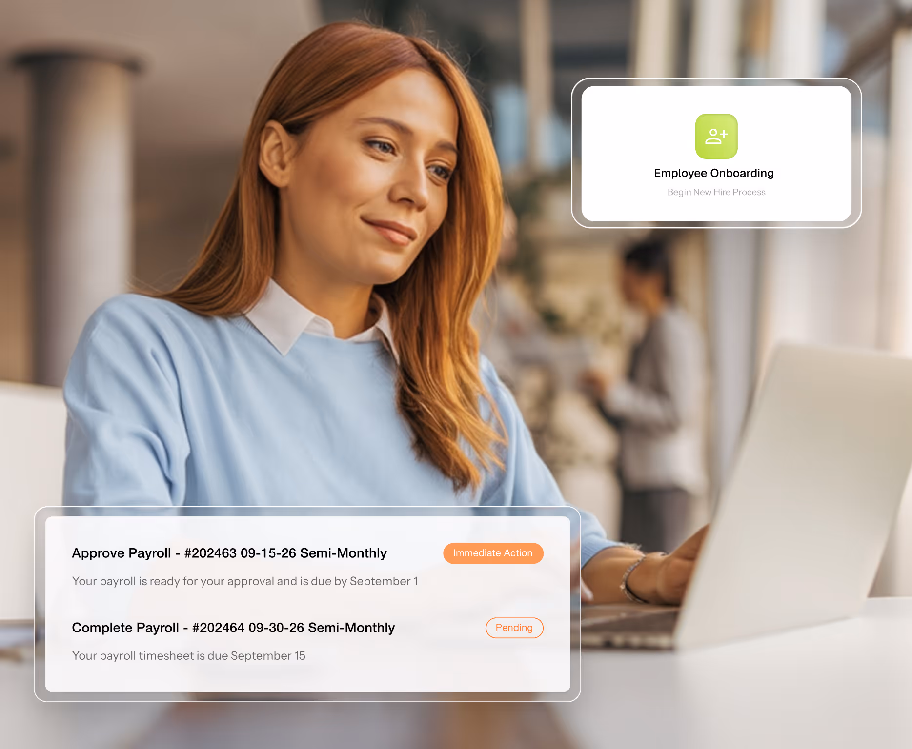 Woman in blue sweater working on a laptop with overlay showing payroll approval tasks and employee onboarding reminder.