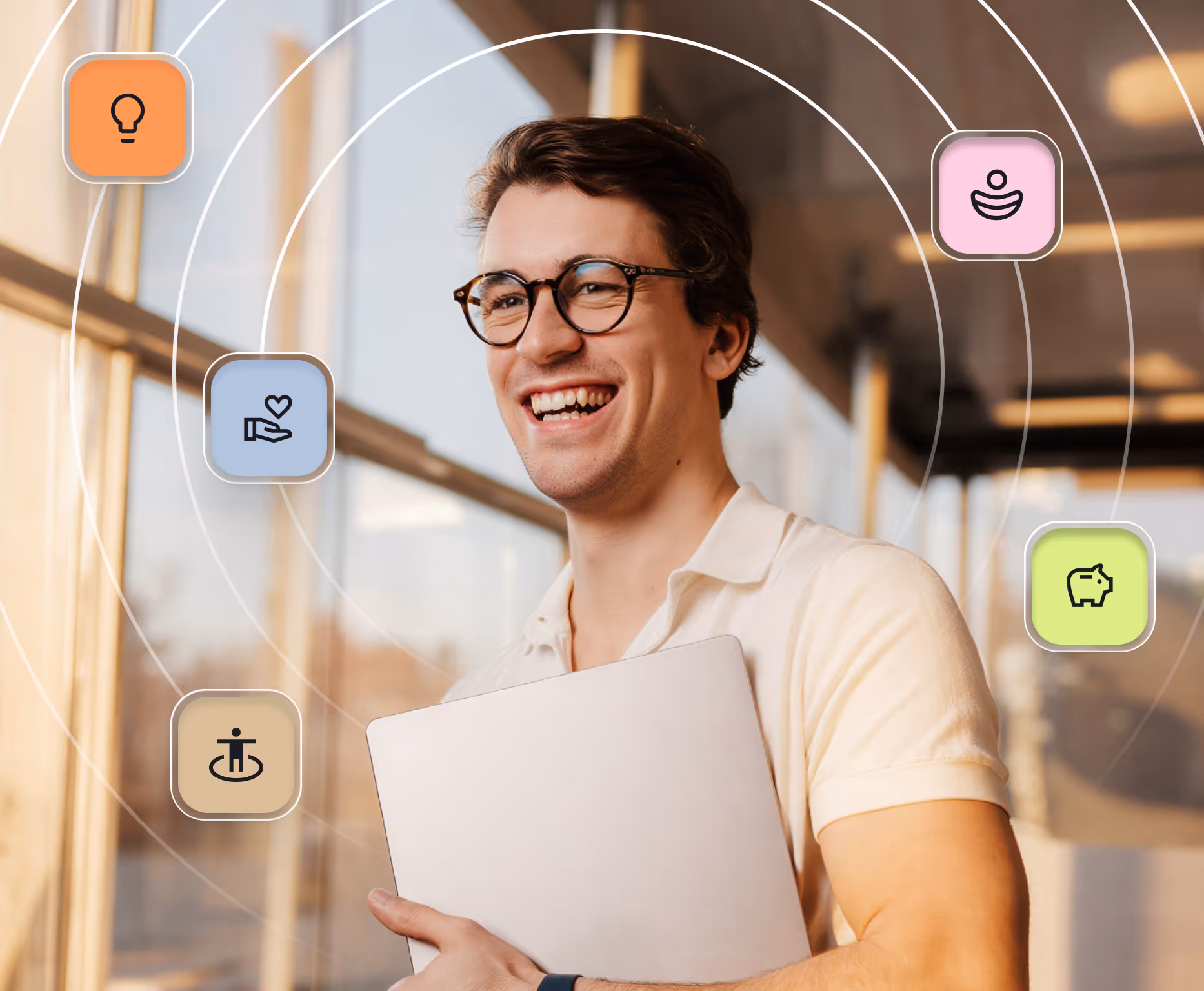 Smiling young man wearing glasses and a light shirt holding a laptop, surrounded by colorful icons representing ideas, care, connection, savings, and user.