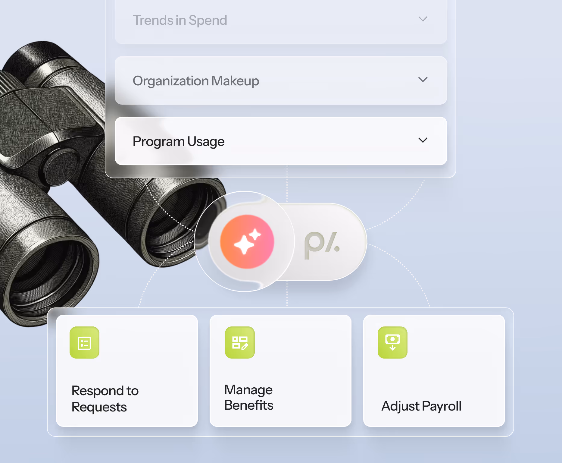 User interface showing dropdown menus labeled Trends in Spend, Organization Makeup, and Program Usage above options for Respond to Requests, Manage Benefits, and Adjust Payroll next to a pair of binoculars.