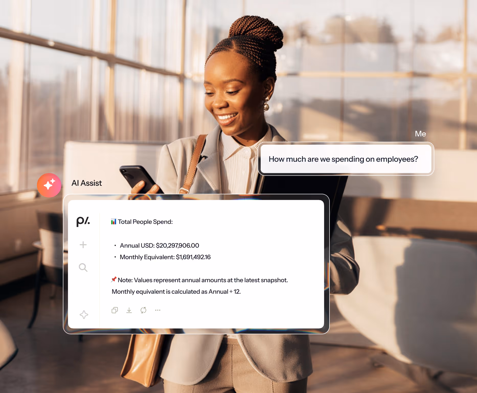 Smiling woman in a beige blazer checking her phone with an AI assistant screen showing employee spending amounts: $20,297,906 annually and $1,691,492 monthly.