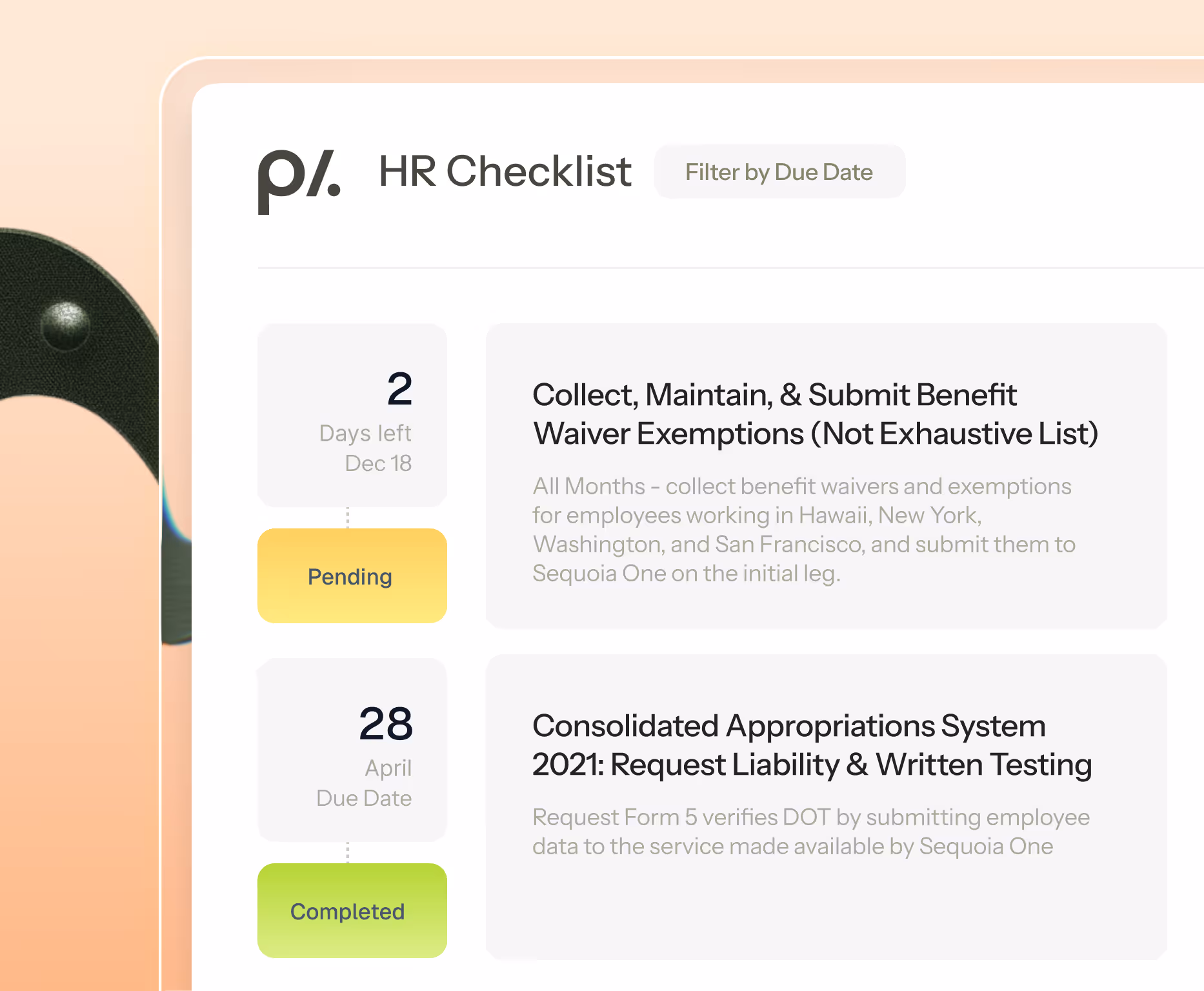 HR Checklist showing two tasks: one pending with 2 days left due Dec 18 to collect and submit benefit waiver exemptions, and one completed with due date April 28 for consolidated appropriations system 2021 testing request.