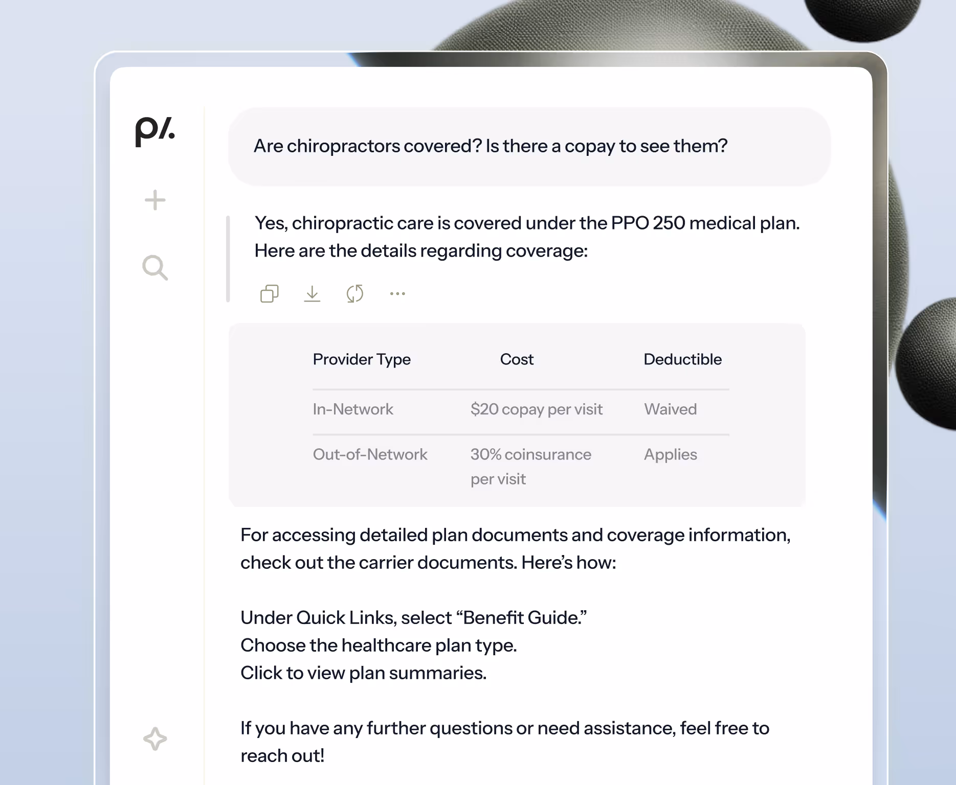 Chat interface showing chiropractic care coverage under PPO 250 medical plan with $20 copay in-network and 30% coinsurance out-of-network.