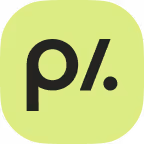 Black lowercase letter p followed by a slash and a dot on a rounded light green square background.