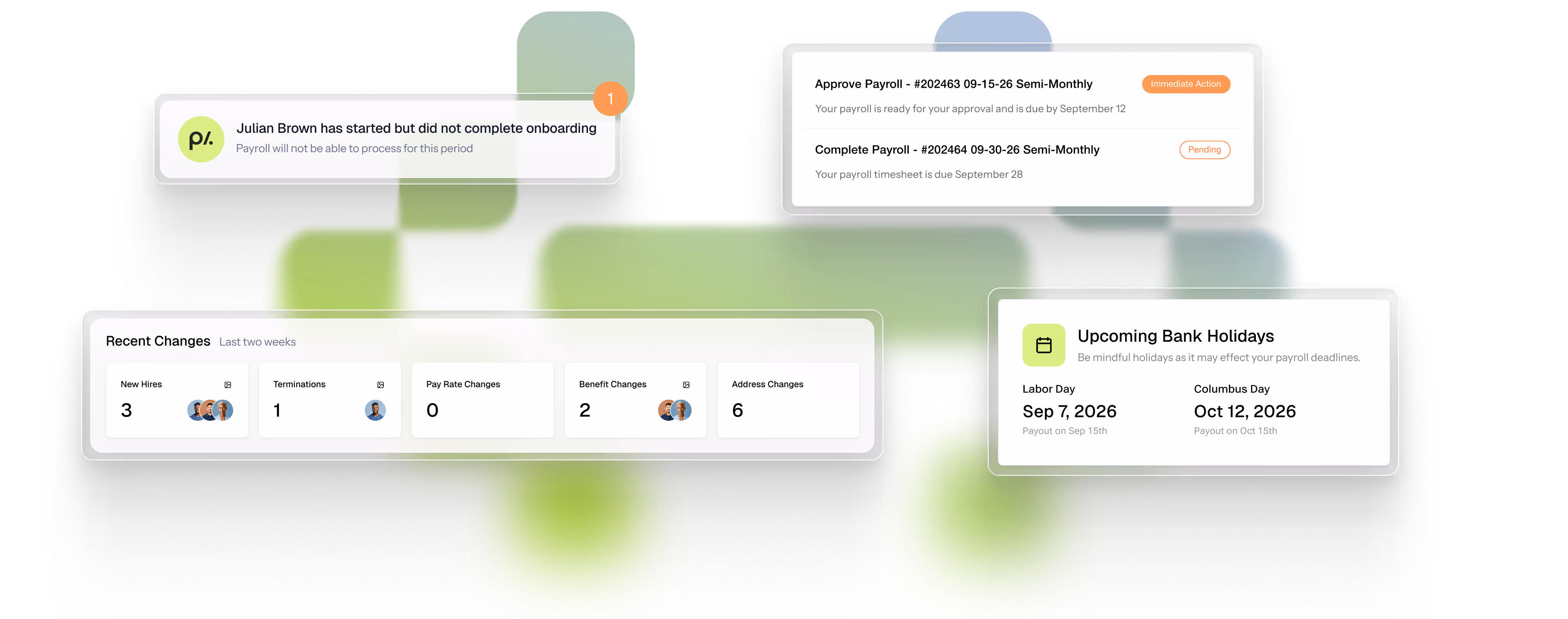 Payroll dashboard notifications showing onboarding incomplete alert, payroll approval tasks, recent changes with new hires, terminations, benefit changes, and upcoming bank holidays for Labor Day and Columbus Day in 2026.