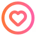 Circular icon with a heart inside a smaller heart, surrounded by two concentric circles in gradient orange and pink colors.