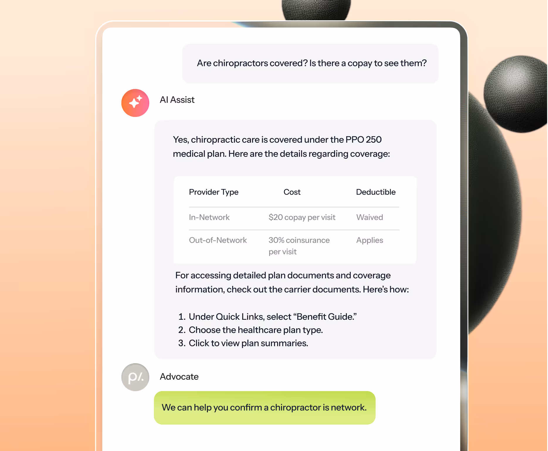 Chat interface showing question about chiropractic coverage, with AI Assist replying that chiropractic care is covered under PPO 250 plan with $20 copay in-network and 30% coinsurance out-of-network, plus Advocate offering to confirm a chiropractor is in network.