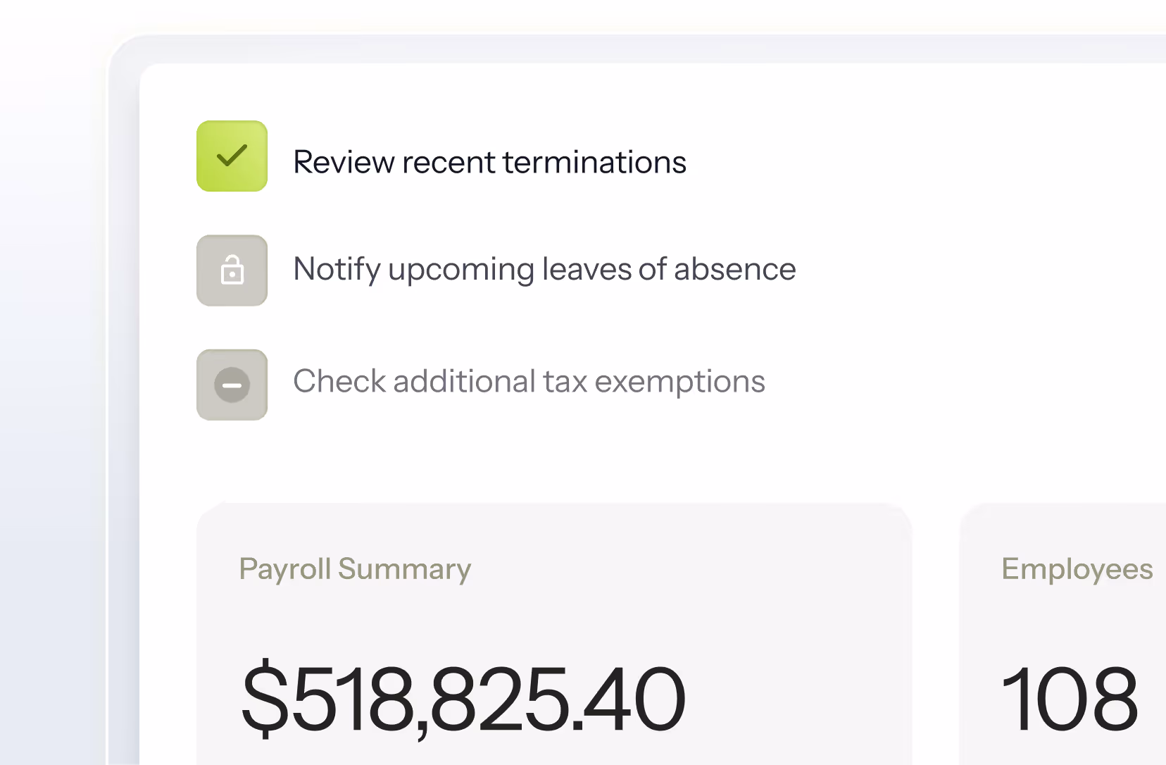 Payroll dashboard showing task list