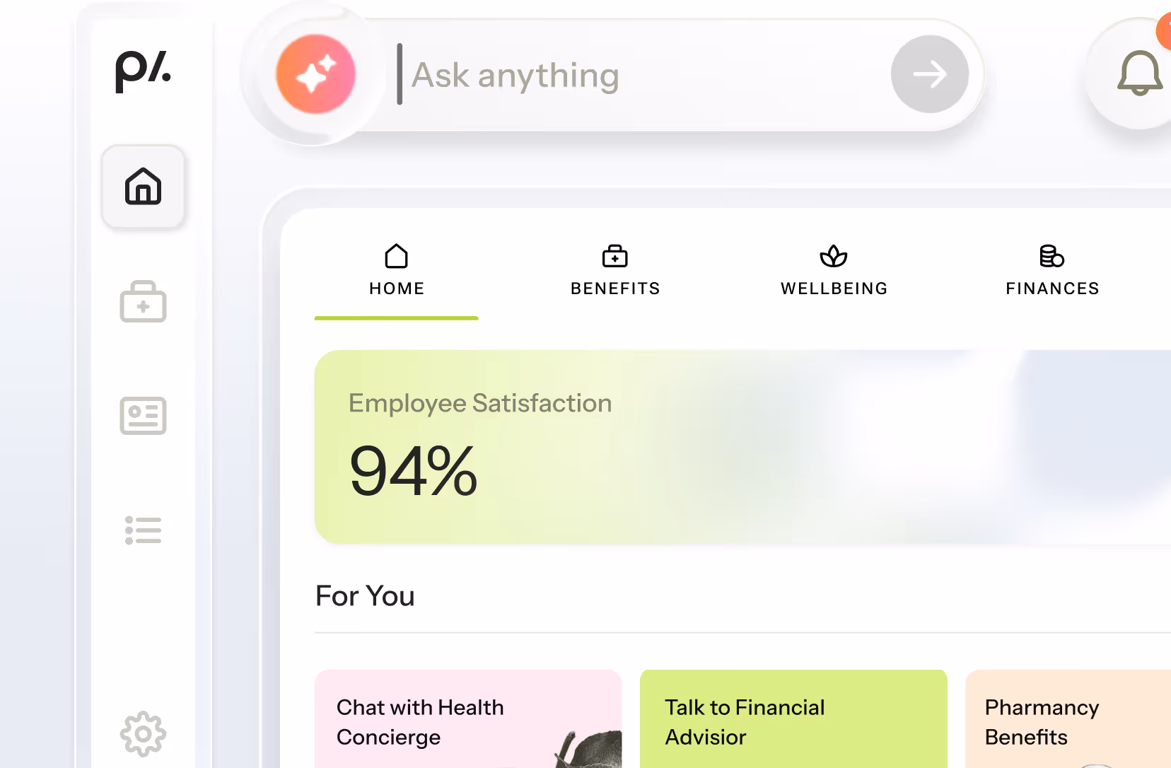 Dashboard interface showing employee satisfaction at 94% with navigation menu including Home, Benefits, Wellbeing, and Finances