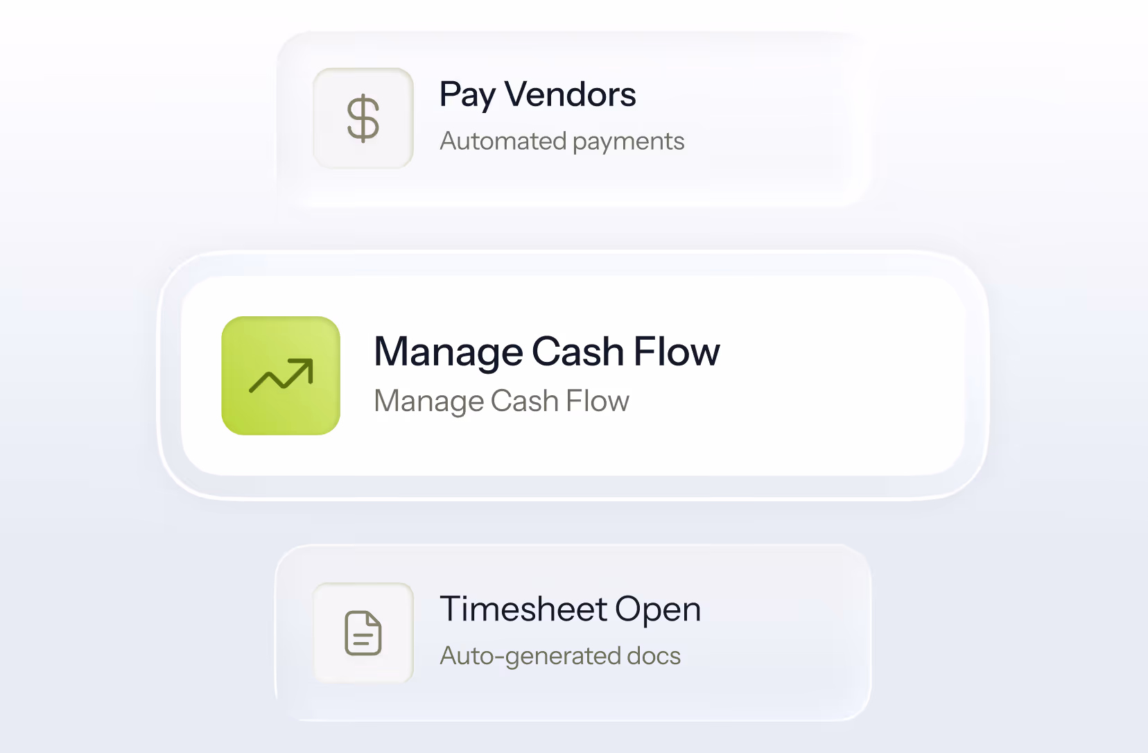 User interface with vendor pay, cash flow, and timesheet data. 