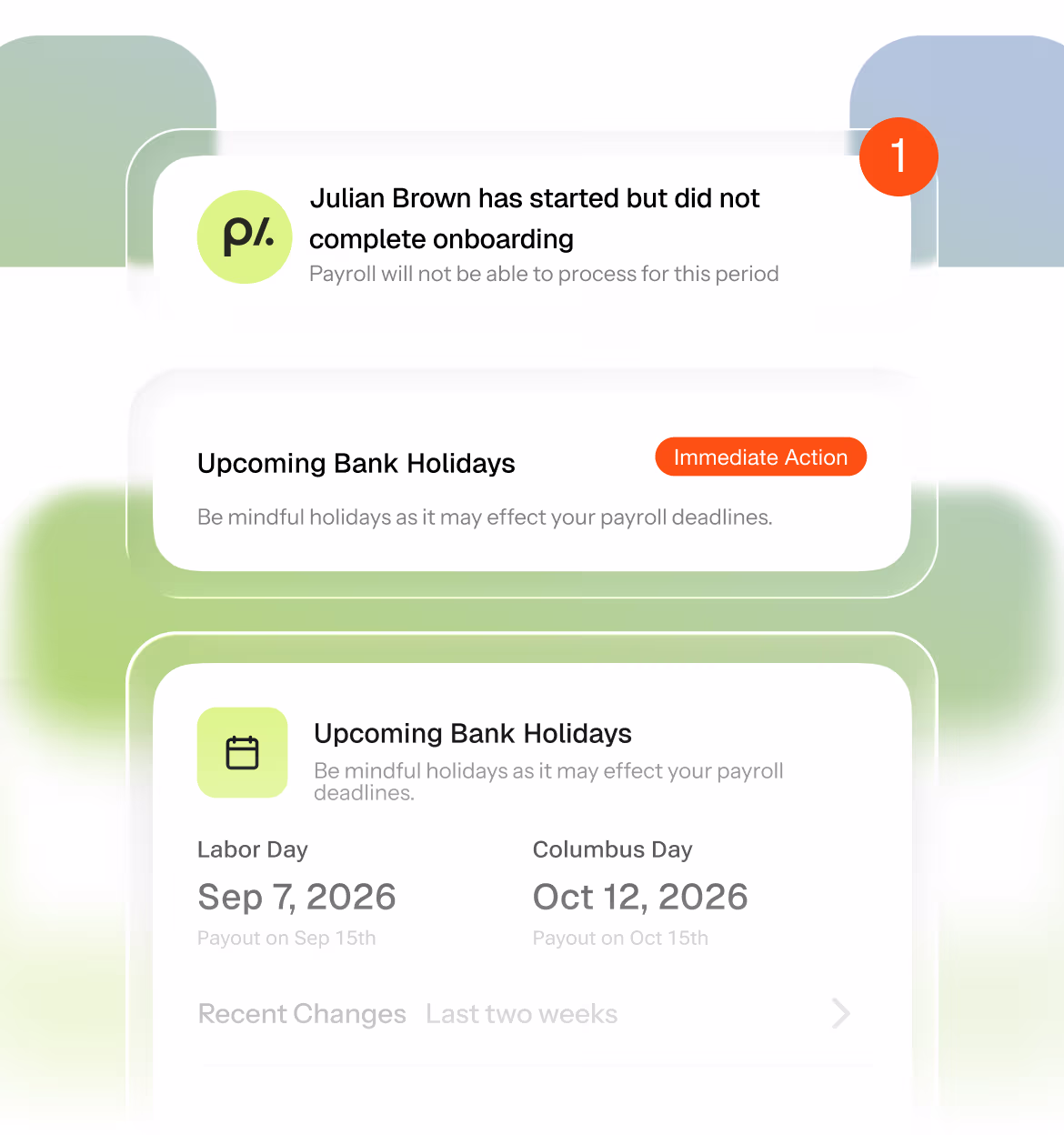 Notification of incomplete onboarding for Julian Brown affecting payroll, alerts for upcoming bank holidays on Sep 7 and Oct 12, 2026, with payout dates and recent changes noted.