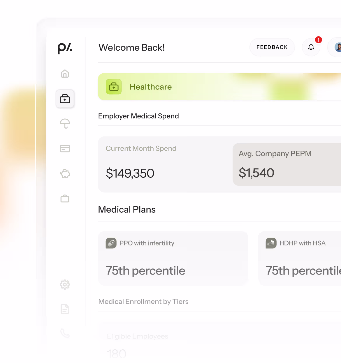 Dashboard showing employer healthcare spend of $149,350 current month and average company PEPM $1,540 with medical plans PPO with infertility and HDHP with HSA at 75th percentile, and 180 eligible employees.