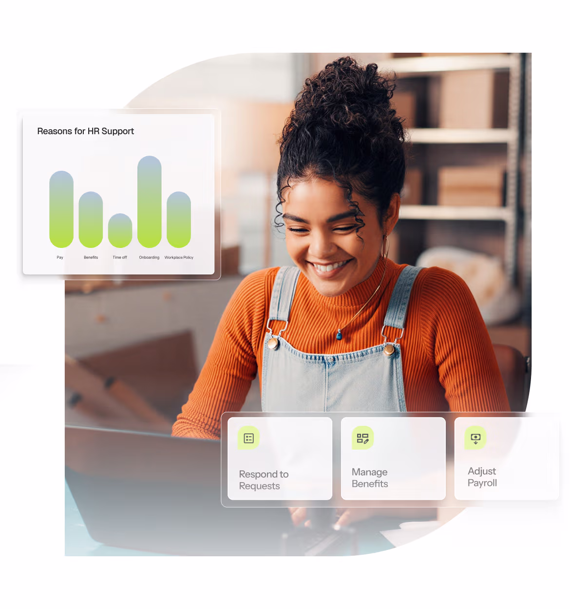 Smiling woman wearing an orange sweater and denim overalls working on a laptop with HR-related charts and task cards displayed digitally around her.