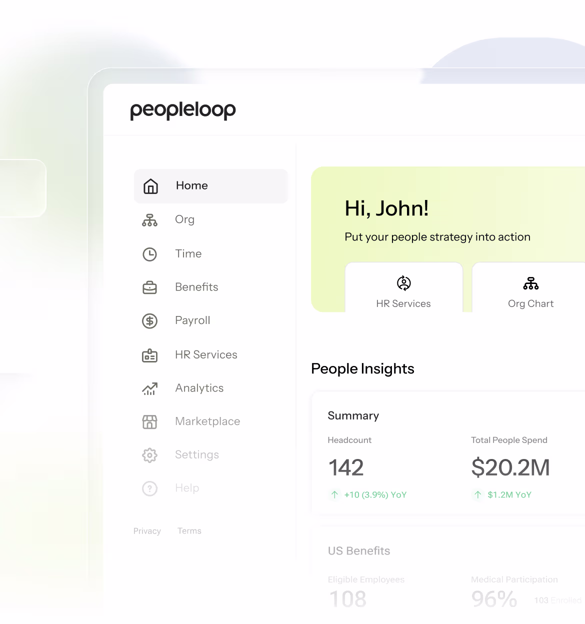 Dashboard screen of PeopleLoop HR software showing navigation menu, greeting to John, people insights summary with headcount 142 and total spend $20.2M, and US benefits statistics.