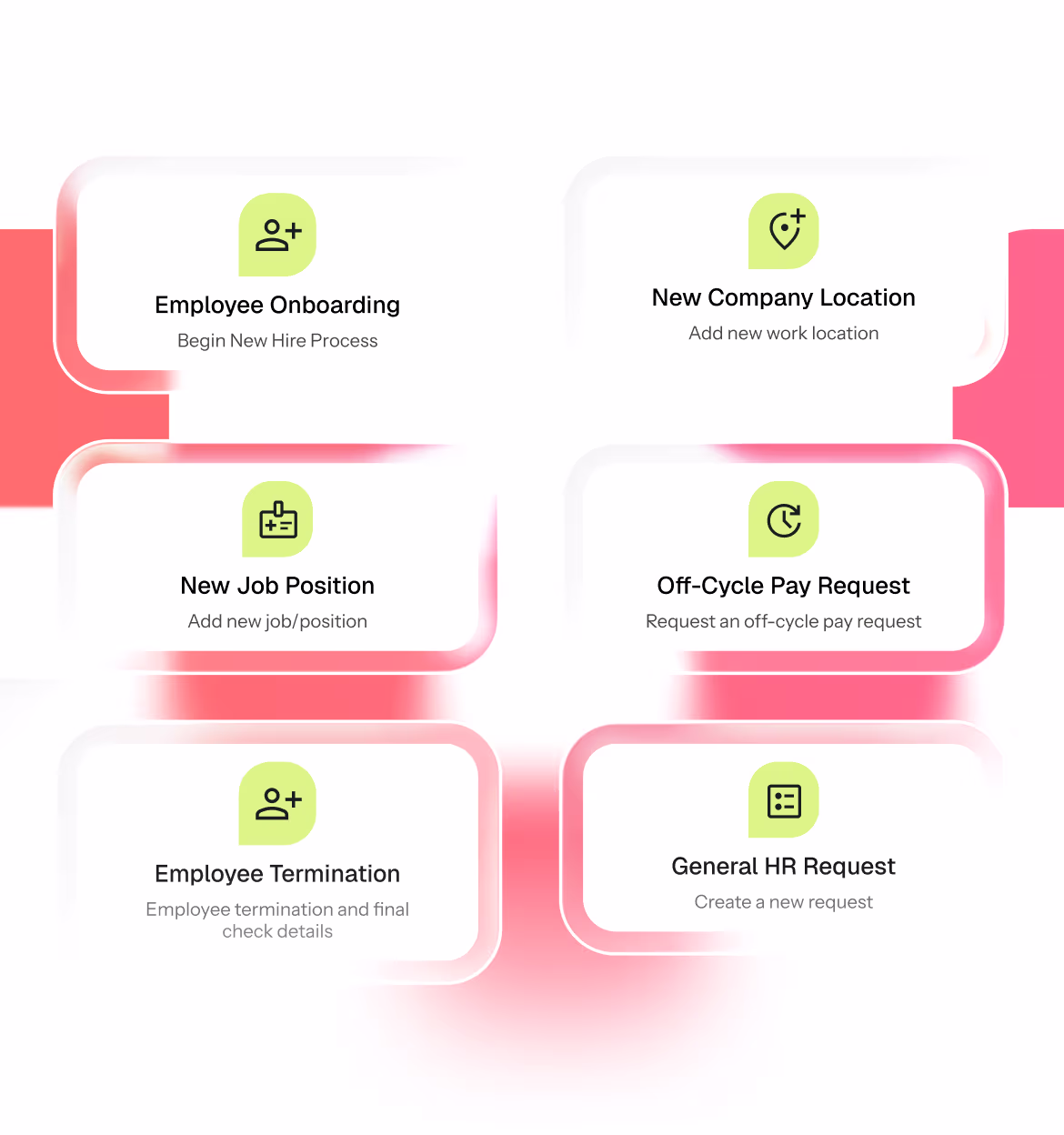HR service options including Employee Onboarding, New Company Location, New Job Position, Off-Cycle Pay Request, Employee Termination, and General HR Request.