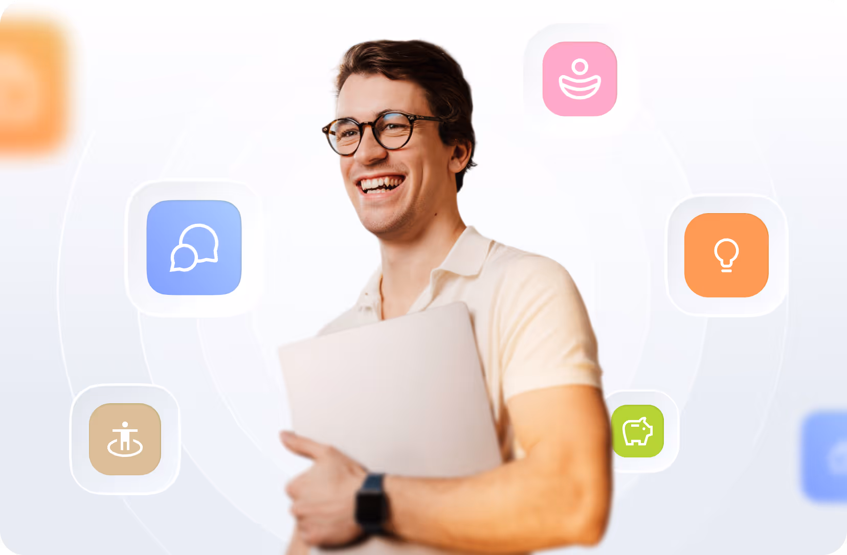 Smiling man wearing glasses holding a laptop with colorful app icons around him.