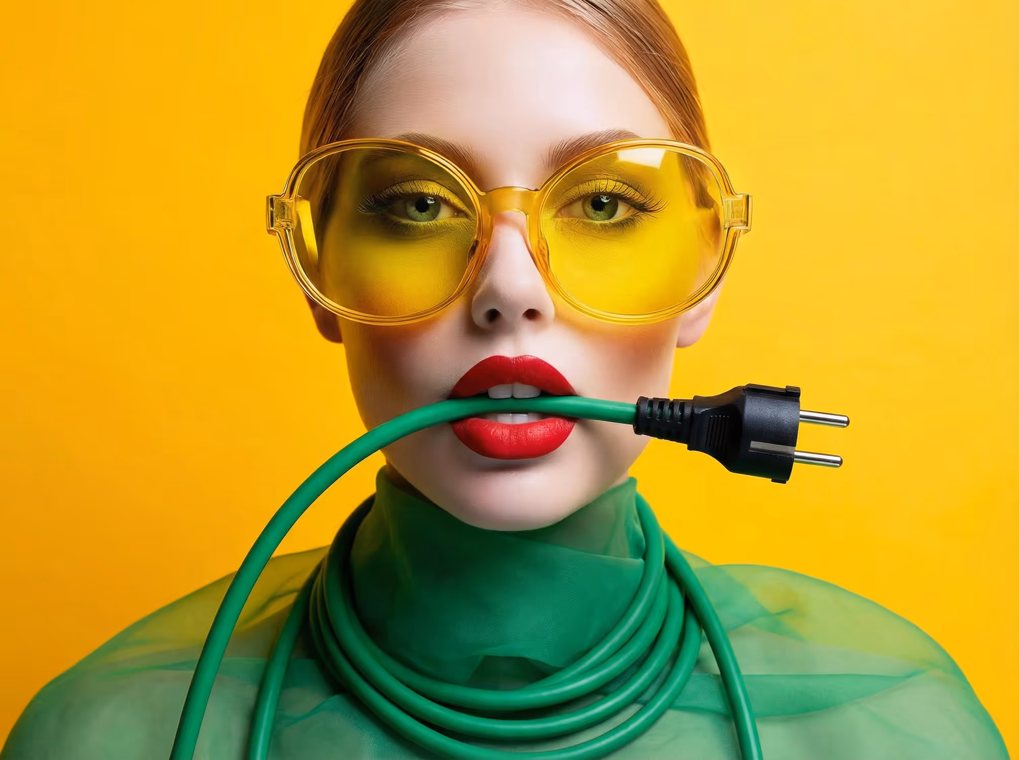 Vrouw met gele zonnebril en rode lippen draagt groene elektriciteitskabel in haar mond en om haar nek tegen een gele achtergrond.