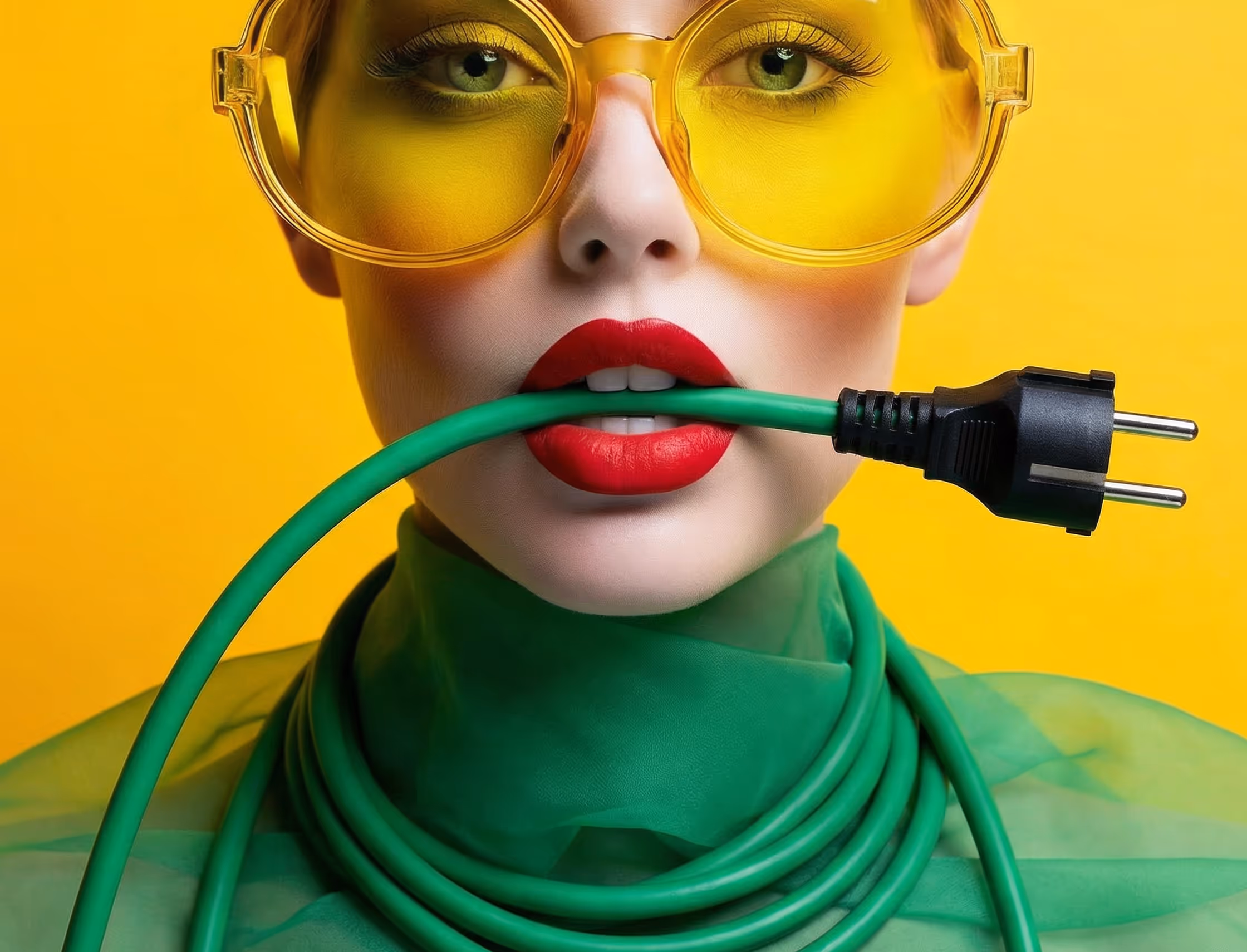 Vrouw met gele zonnebril en rode lippen draagt groene elektriciteitskabel in haar mond en om haar nek tegen een gele achtergrond.