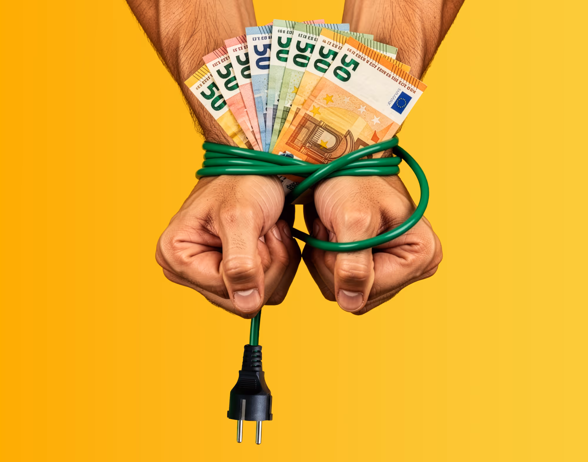 Handen gebonden met een groene stekkerkabel en daarachter meerdere 50 euro bankbiljetten.