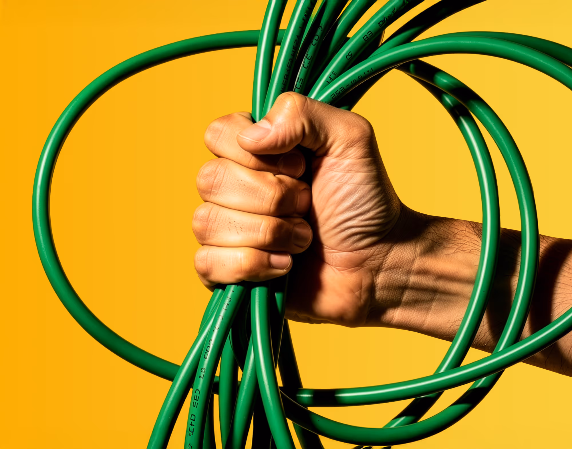 Hand houdt meerdere groene kabels vast tegen een gele achtergrond.