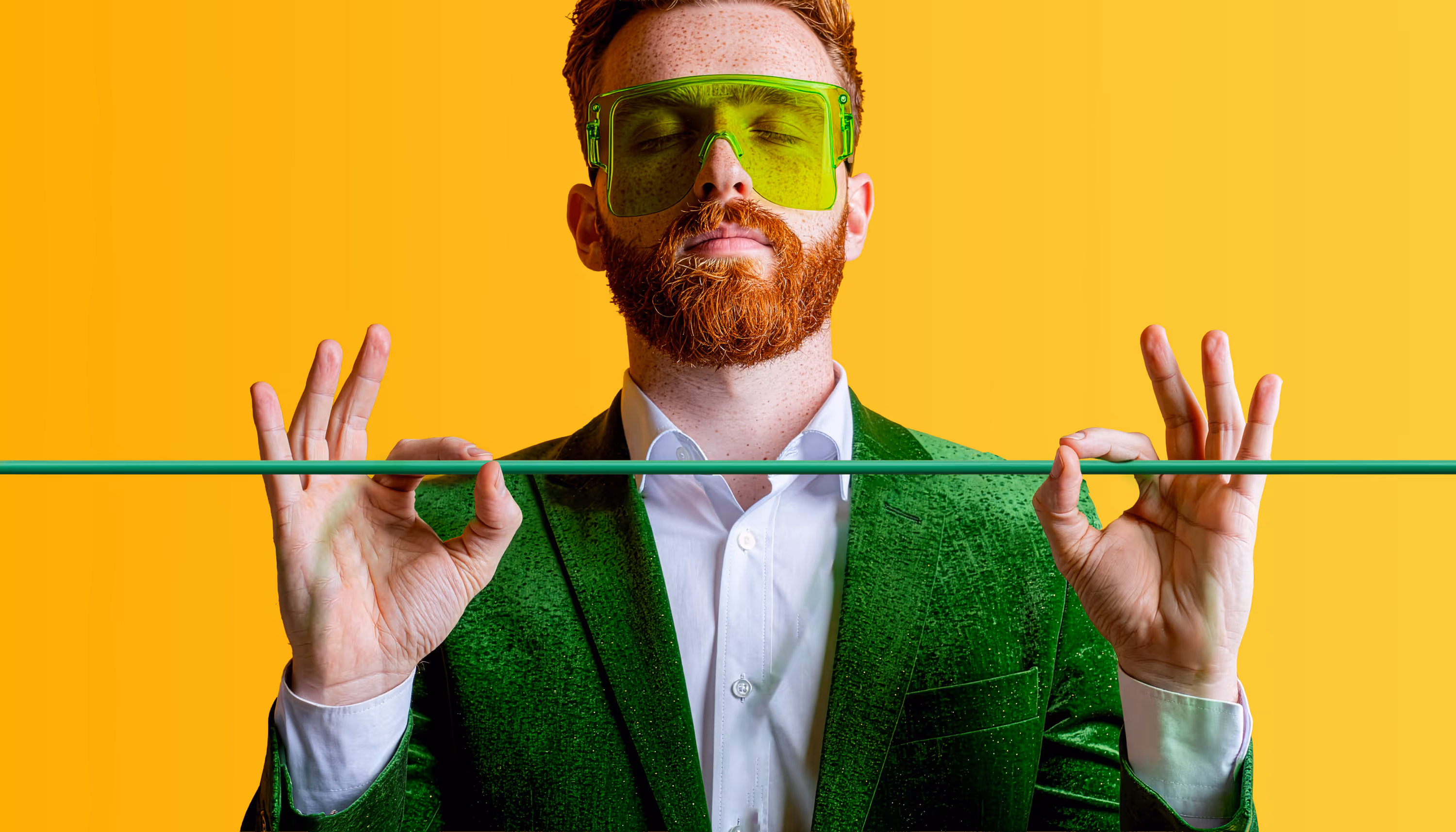 Man met rood haar en baard draagt een groen pak en gele zonnebril, houdt een dunne groene staaf vast met beide handen.