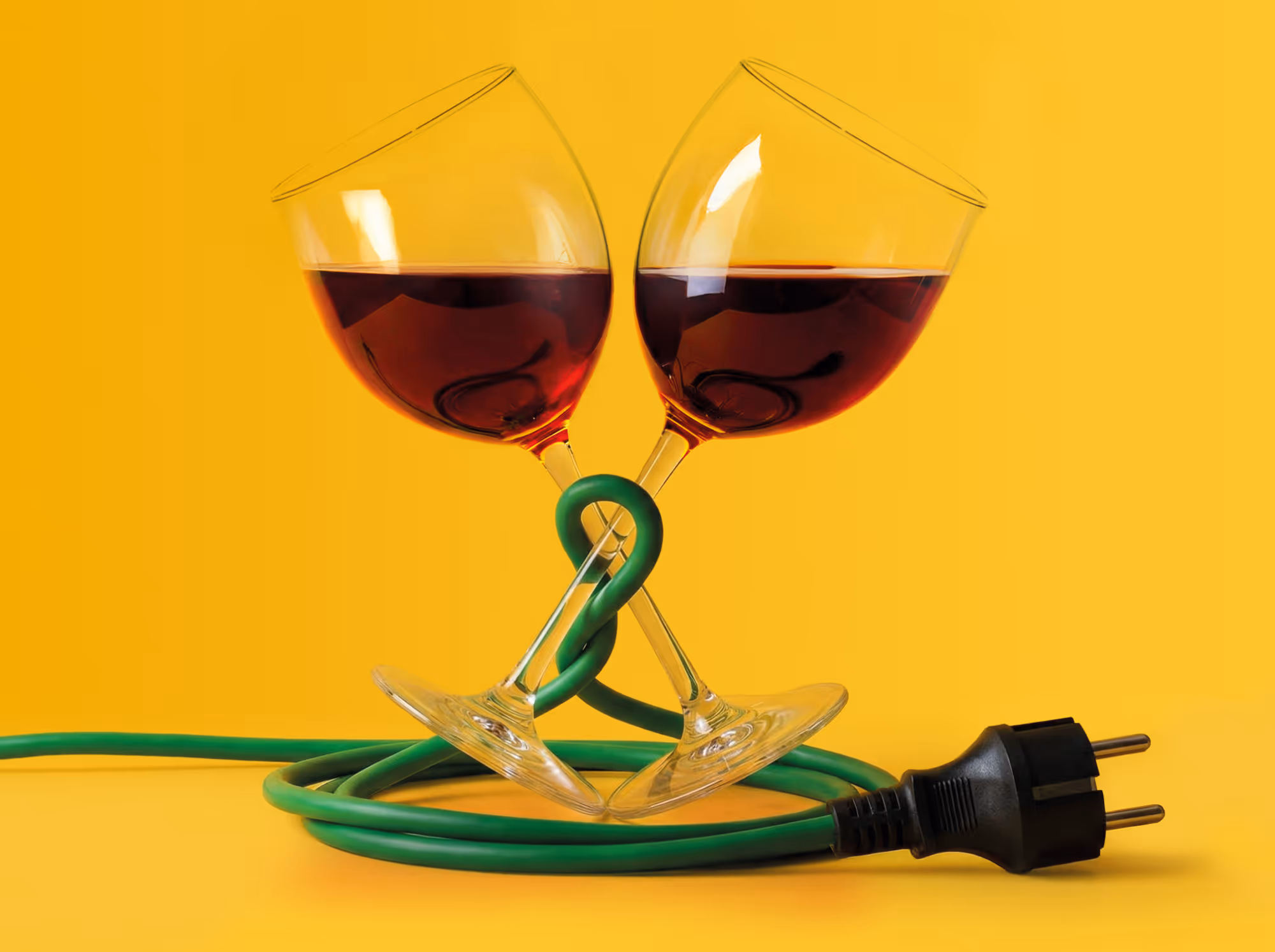 Twee rode wijnglazen gekruist en vastgemaakt met een groene elektriciteitskabel met stekker, tegen een gele achtergrond.