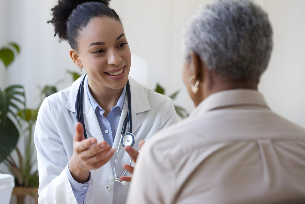 Adult patient having a detailed conversation with a primary care doctor