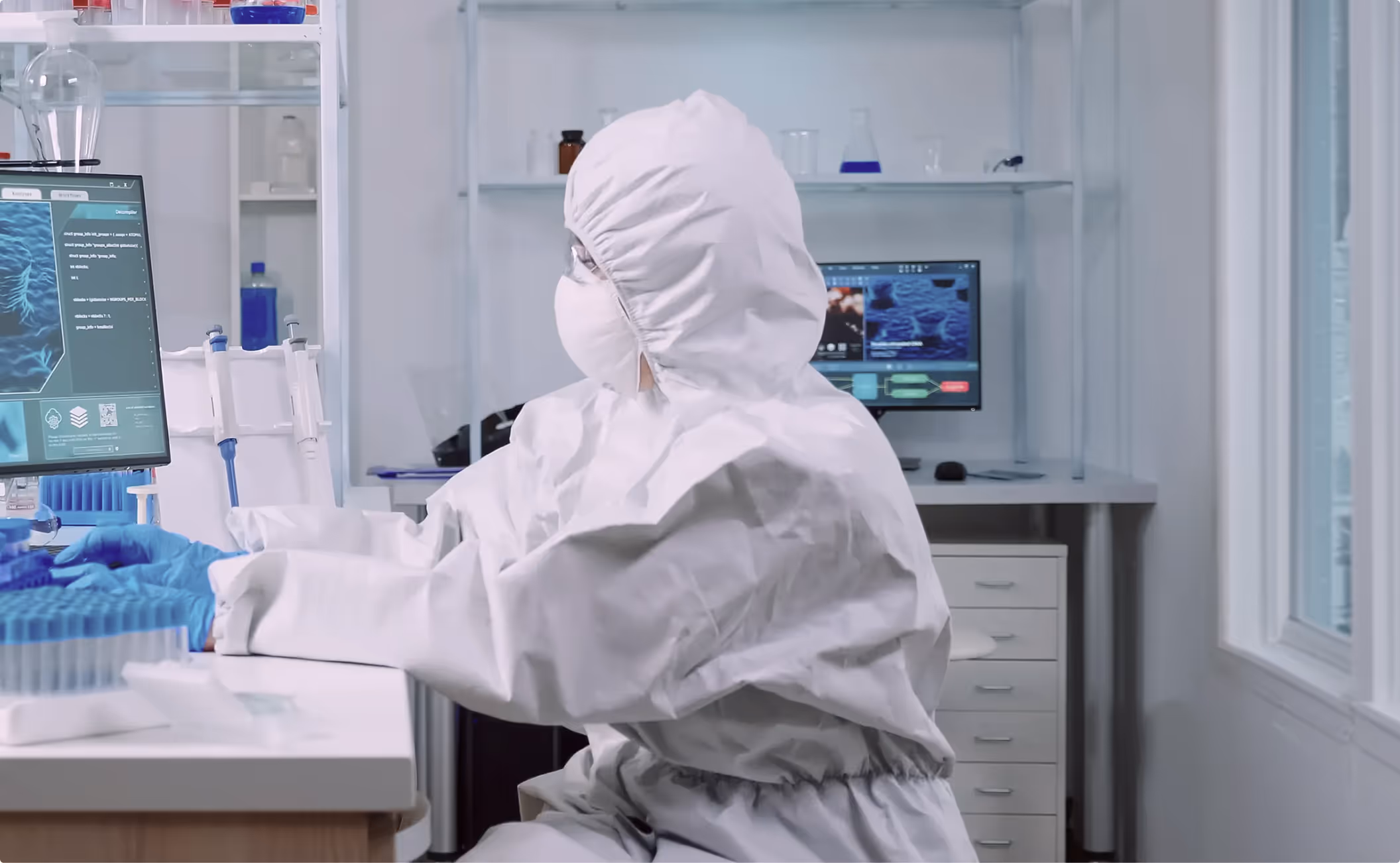 Scientist in full protective suit and mask working at computer in a laboratory with scientific data on screens.