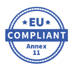 Blue circular badge with text EU COMPLIANT and Annex 11.