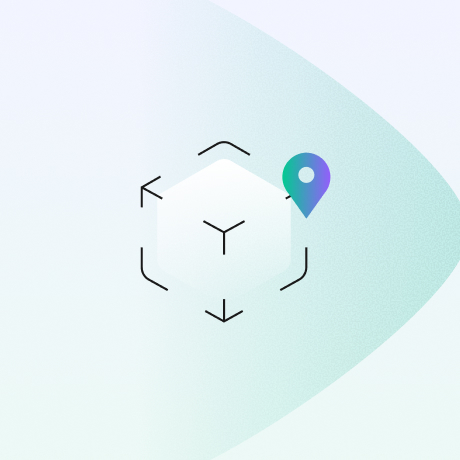 3D cube icon with a location pin marker on a light gradient background.