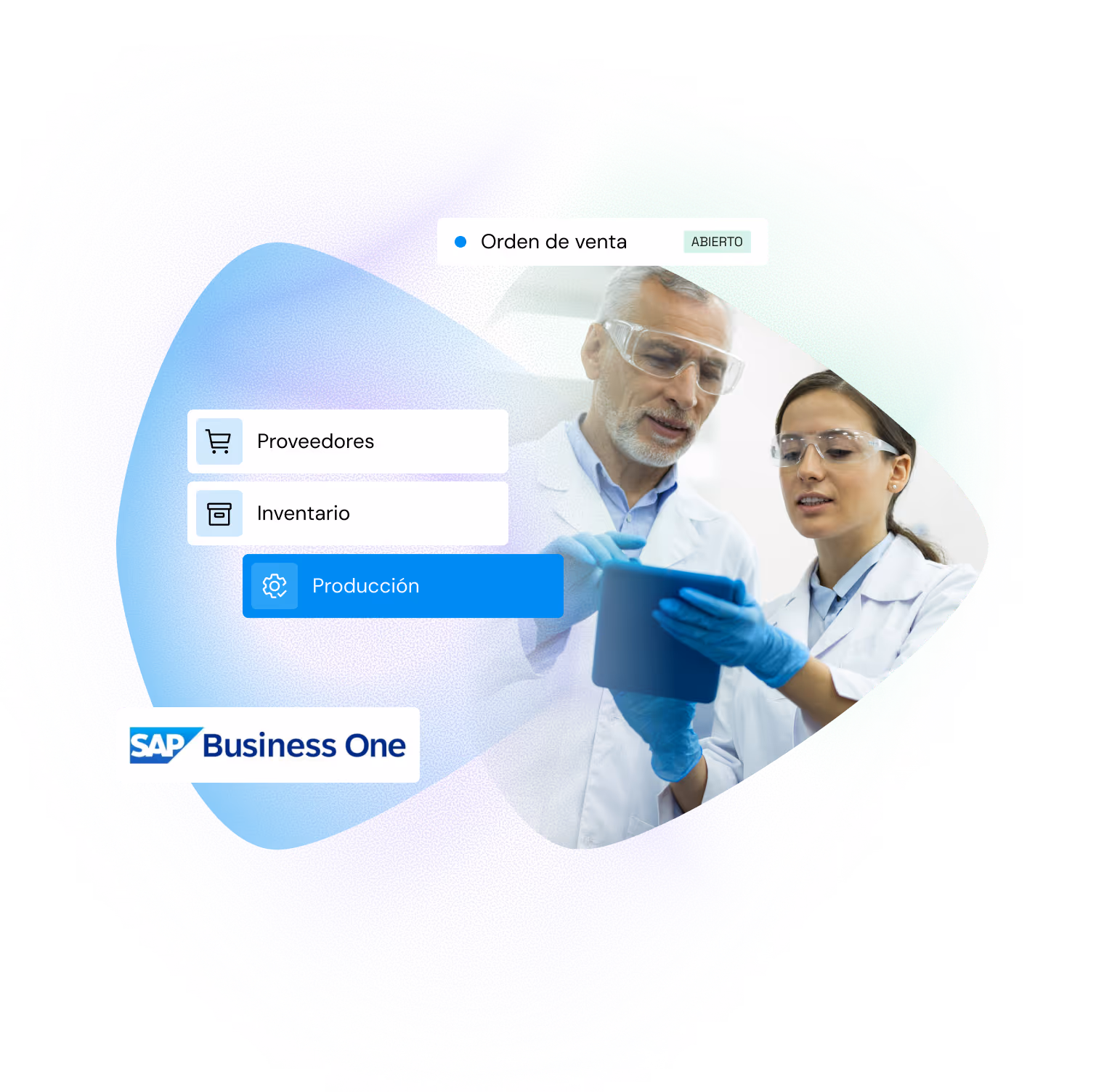 Two scientists in lab coats and safety glasses reviewing information on a digital tablet, with SAP Business One interface elements for sales order, suppliers, inventory, and production.