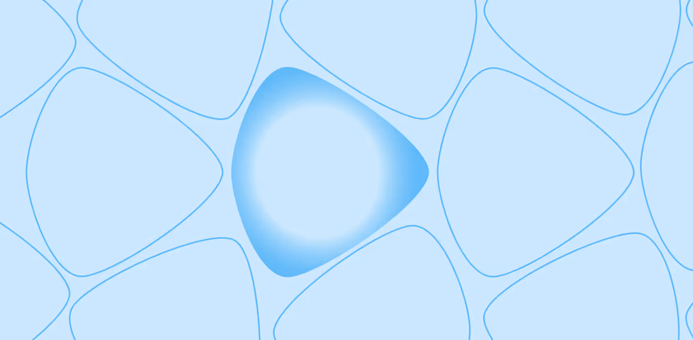 Abstract blue shapes with a glowing central triangular form on a light blue background.