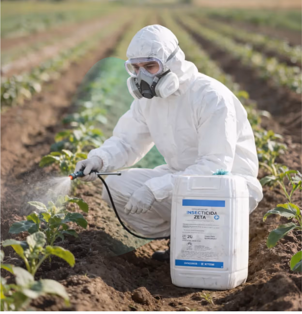 Person in full protective gear spraying pesticide on plants in a field.