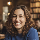 Smiling woman with shoulder-length brown hair wearing a blue top in a warmly lit indoor setting with blurred background.