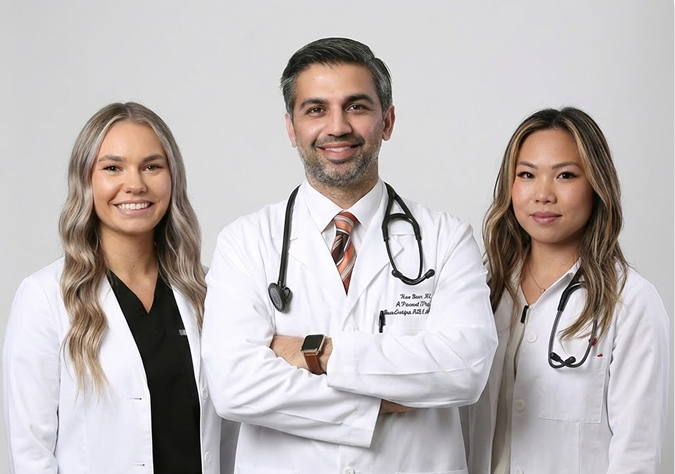 A coordinated medical team of three healthcare professionals in white lab coats posing for a group portrait, representing expert clinical staff and patient-centered care.
