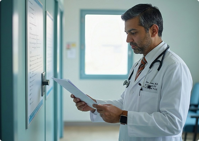 A primary care physician in a white coat reviewing medical records or a patient chart in a clinical hallway, representing professional healthcare oversight.