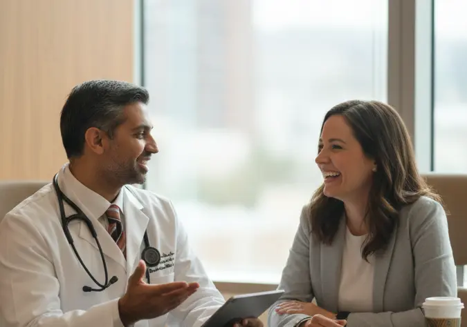 A male doctor in a white coat and stethoscope smiling and talking with a female patient while holding a tablet in a bright office setting.