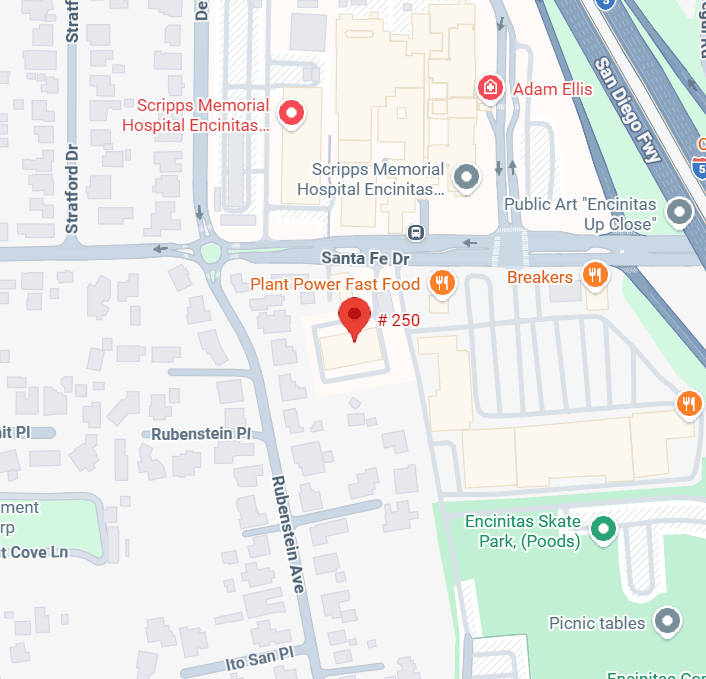 Map showing Scripps Memorial Hospital Encinitas and nearby locations including Plant Power Fast Food, Breakers, Encinitas Skate Park, and public art, centered on Rubenstein Ave and Santa Fe Dr.