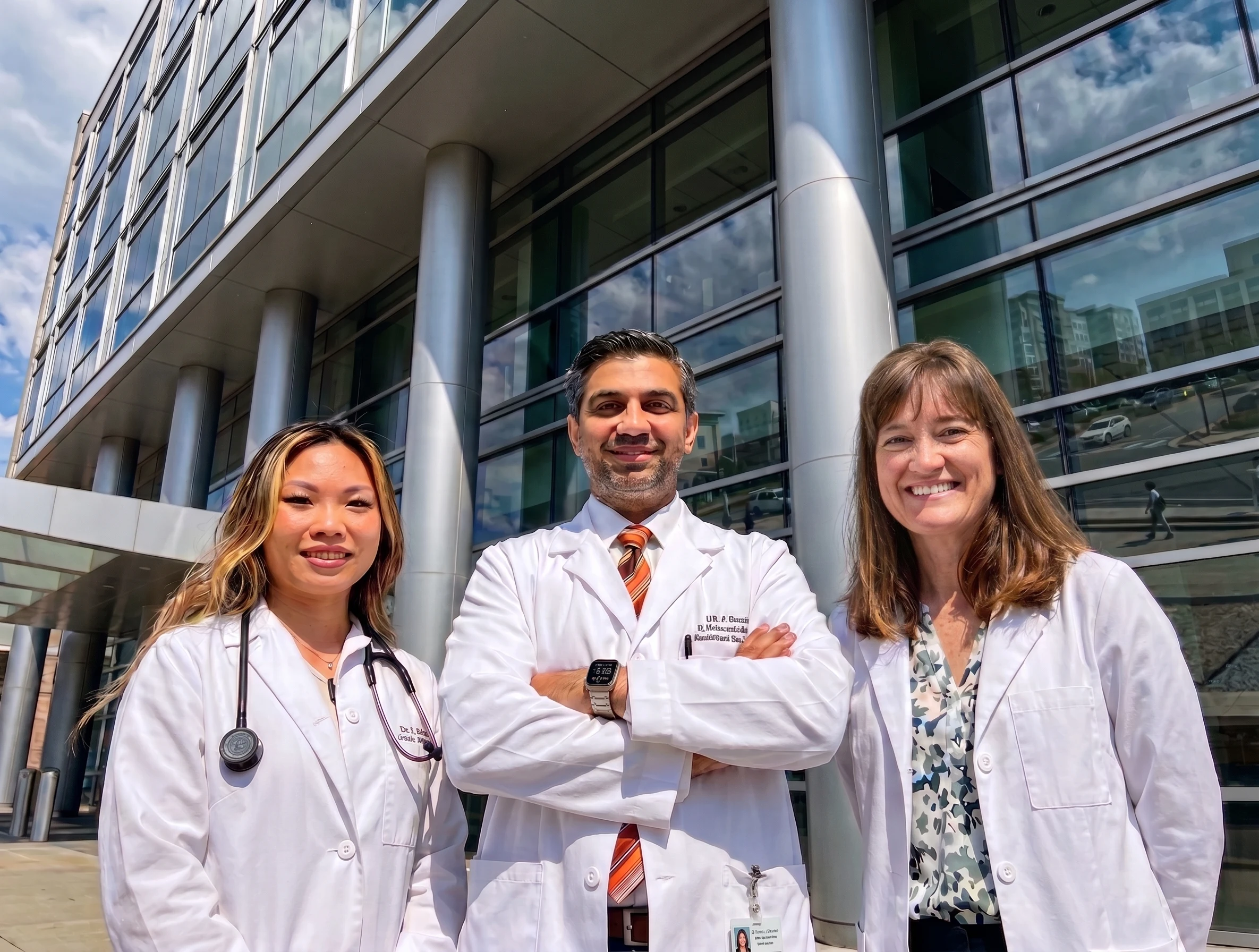 Three smiling doctors in white coats standing outside a modern hospital building on a sunny day.