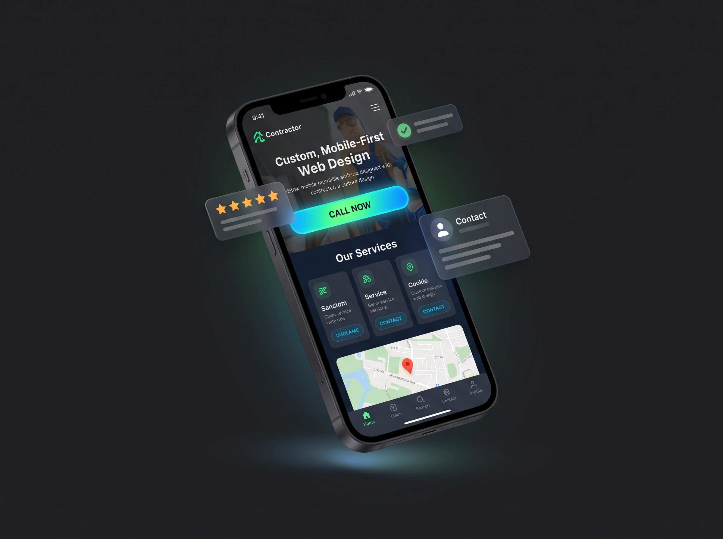 Smartphone screen showing a mobile-first web design app interface for a contractor with a call-to-action button labeled 'CALL NOW', sections titled 'Our Services' with icons and buttons, a small map with a location pin at the bottom, and floating UI elements showing a five-star rating, a contact icon with text, and a checkmark symbol on a dark background.