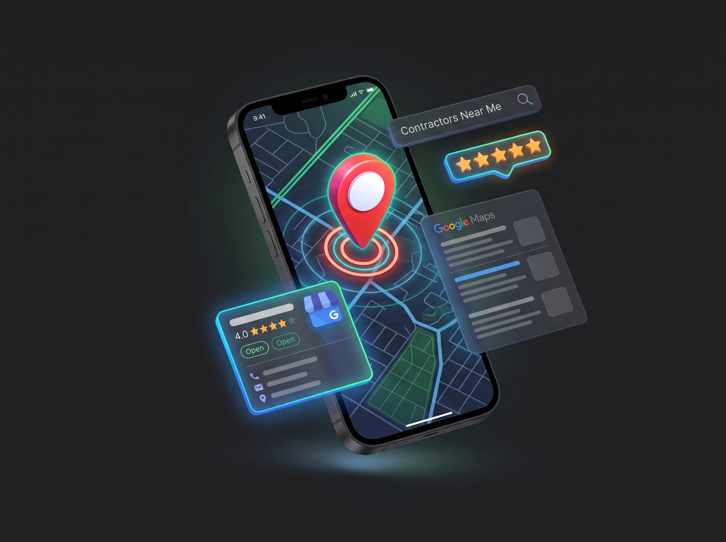 Smartphone displaying a digital map with a large red location pin in the center, surrounded by glowing circles, and floating search elements including a search bar labeled 'Contractors Near Me', a five-star rating, a Google Maps info card showing a 4.0 star rating with open status, and a list-style card labeled Google Maps.