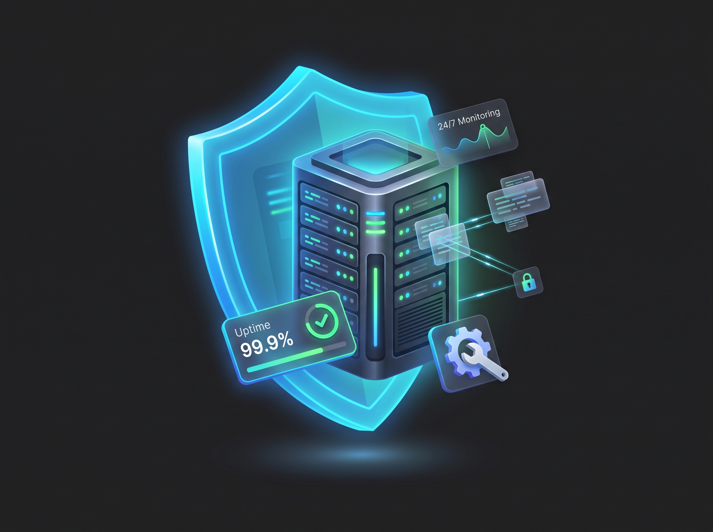 Illustration of a glowing server tower surrounded by a large shield symbolizing protection, with floating icons indicating 99.9% uptime, 24/7 monitoring, security lock, and settings gear.