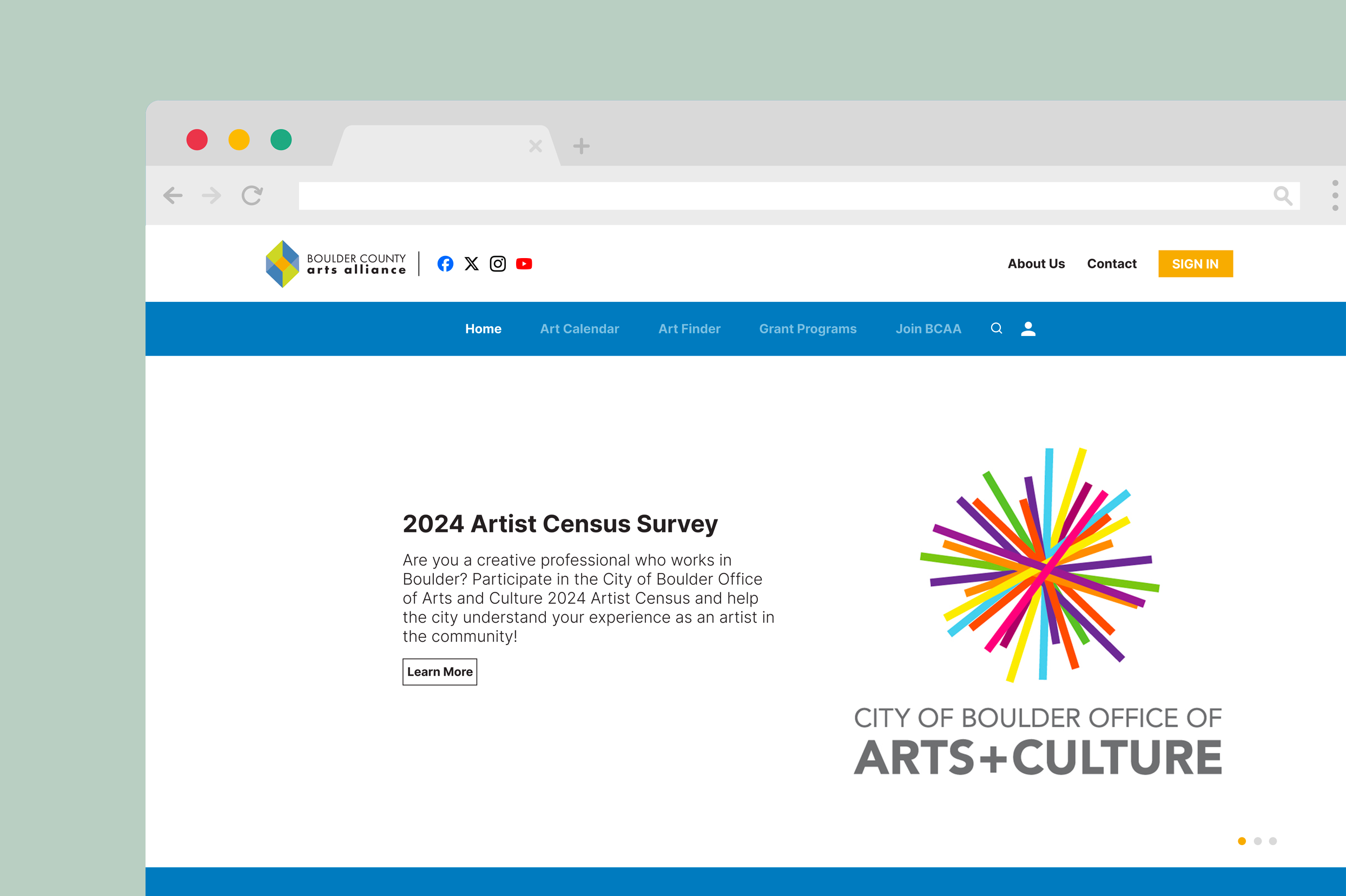 screenshot of a homepage for Boulder County Arts Alliance, an arts non-profit in Colorado