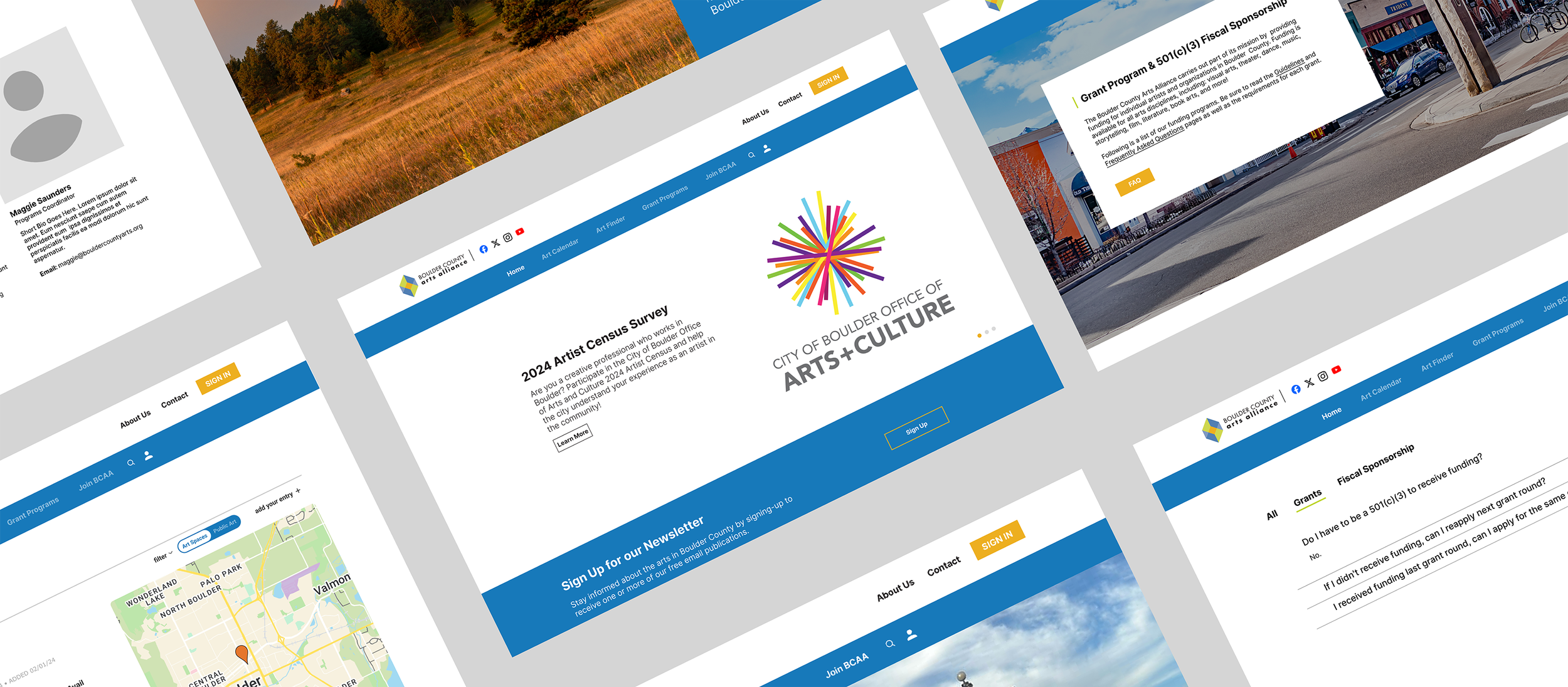 screenshot of a homepage for Boulder County Arts Alliance, an arts non-profit in Colorado
