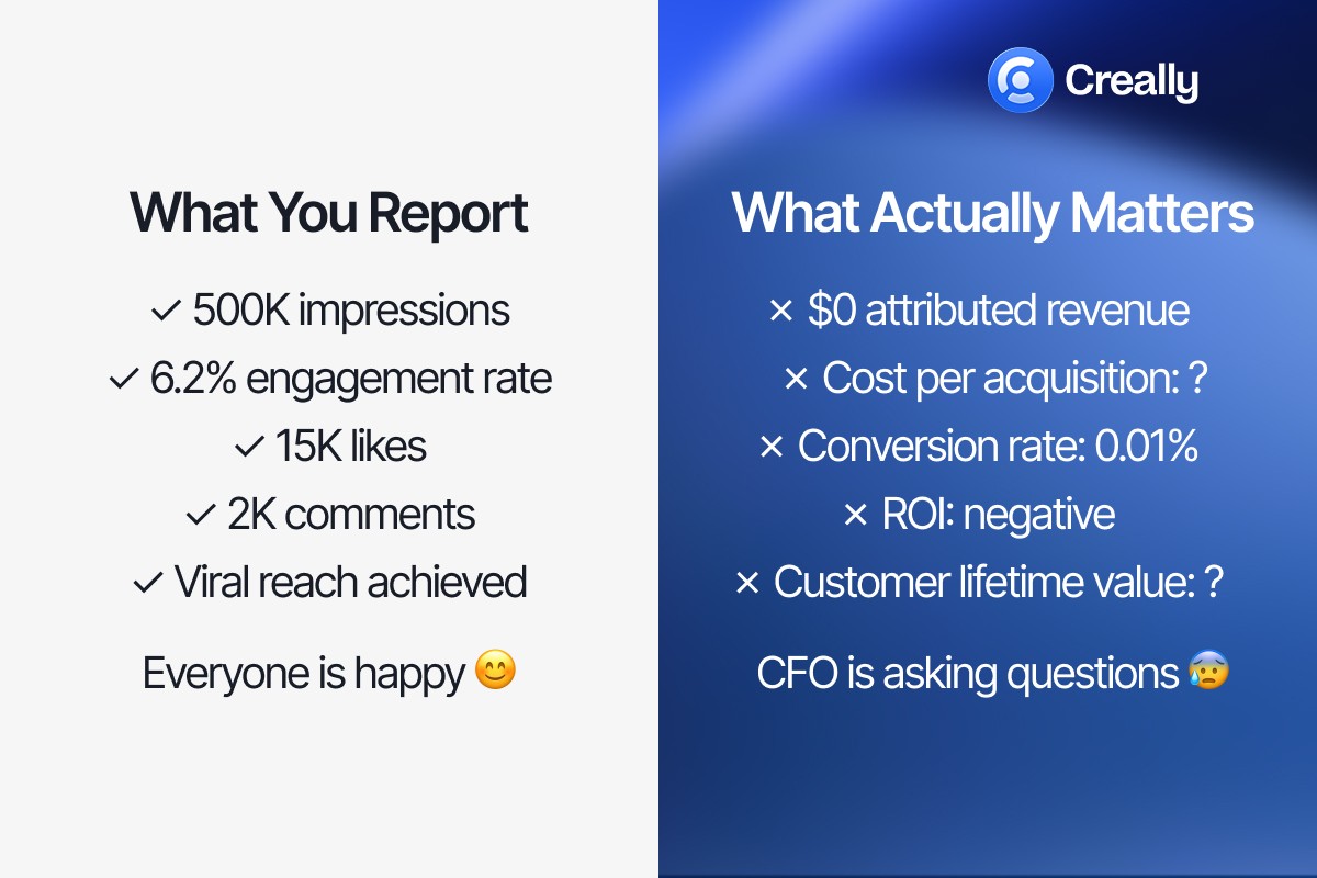 Influencer marketing is often evaluated by engagement—likes, comments, reach. These metrics are easy to measure and satisfying to report to leadership. But they don't answer the main question: is the investment paying off? This article series is about moving from comfort metrics to real ROI measurement, building attribution systems, and scaling influencer marketing as a predictable growth channel, not an experiment.Creally is a platform for managing influencer marketing at every stage: from finding creators to measuring real business impact. We help brands launch campaigns with thousands of influencers simultaneously, tracking not just engagement, but conversions, revenue, and ROI for each creator. Creally transforms influencer marketing from a creative experiment into a managed performance channel with transparent analytics and process automation. Our goal is to make influencer marketing as measurable and scalable as paid ads.