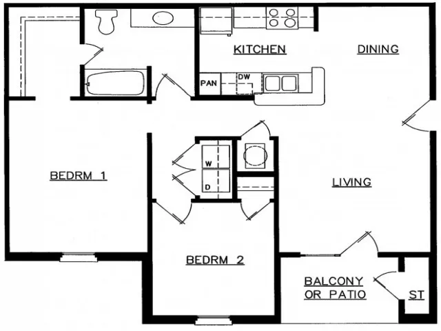 2 Bed 1 Bath 50 floor plan layout