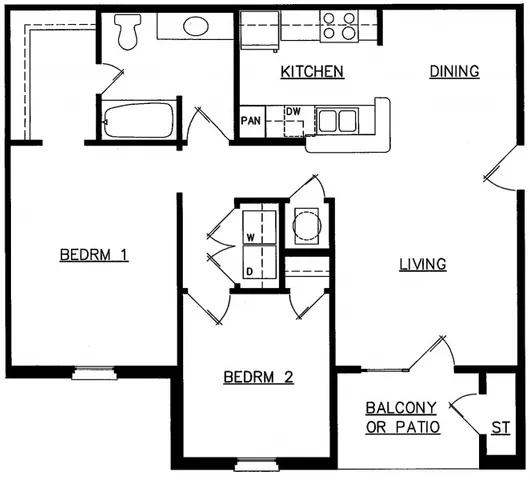 2 Bed 1 Bath 60 floor plan layout