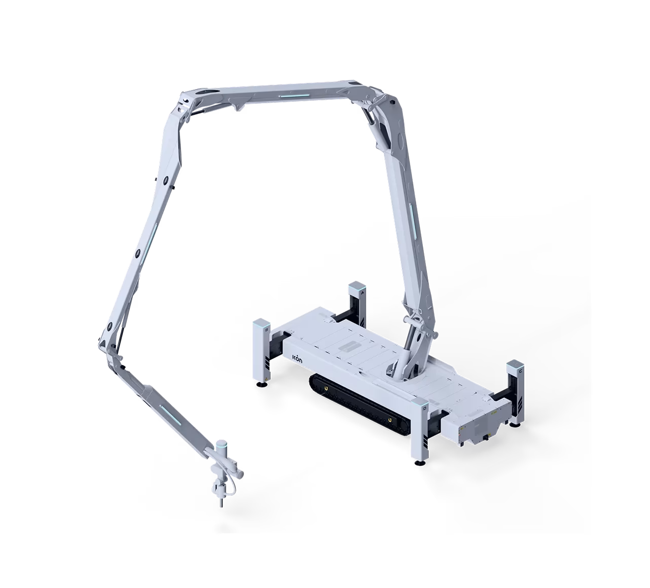 White articulated robotic gantry with tracked base and long printing arm