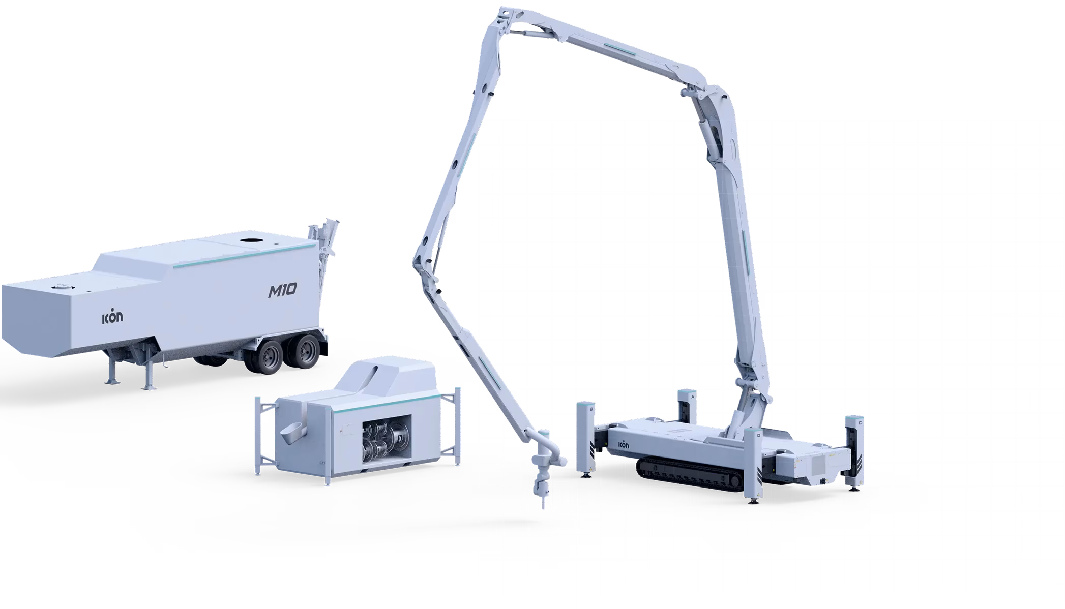 White M10 trailer, material mixer, and tracked 3D-printing boom unit on grid background.